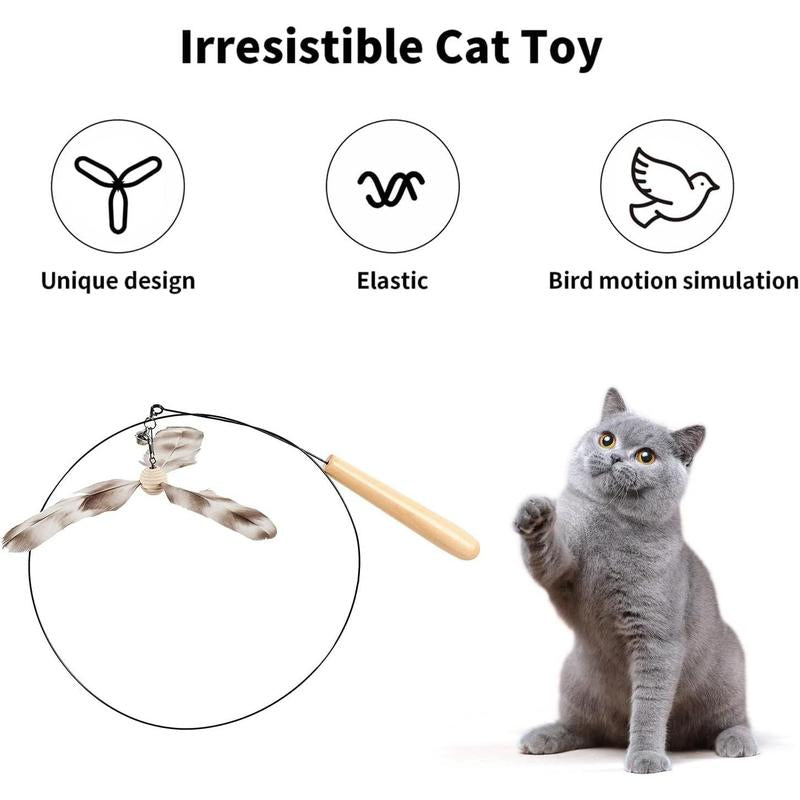 Cat Wand Toy, 35.5 Inch Cat Feather Propeller Toy with Bell, Steel Wire Cat Toy for Indoor Cats with Natural Feather