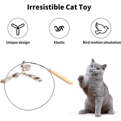 Cat Wand Toy, 35.5 Inch Cat Feather Propeller Toy with Bell, Steel Wire Cat Toy for Indoor Cats with Natural Feather