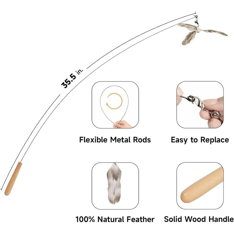 Cat Wand Toy, 35.5 Inch Cat Feather Propeller Toy with Bell, Steel Wire Cat Toy for Indoor Cats with Natural Feather