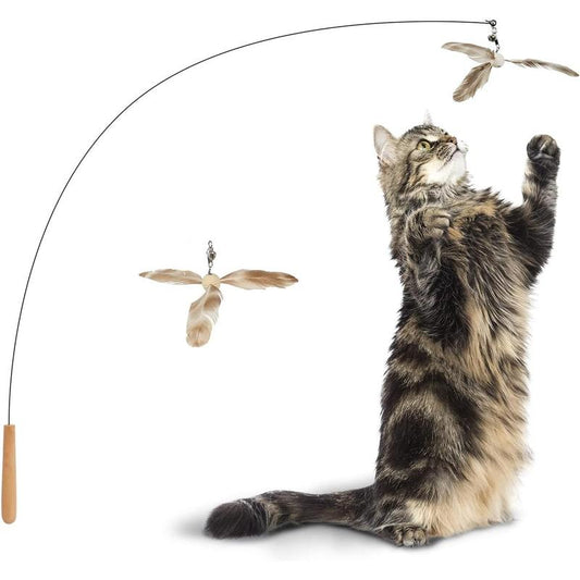 Cat Wand Toy, 35.5 Inch Cat Feather Propeller Toy with Bell, Steel Wire Cat Toy for Indoor Cats with Natural Feather