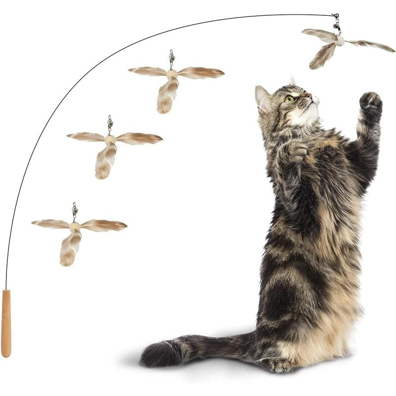 Cat Wand Toy, 35.5 Inch Cat Feather Propeller Toy with Bell, Steel Wire Cat Toy for Indoor Cats with Natural Feather