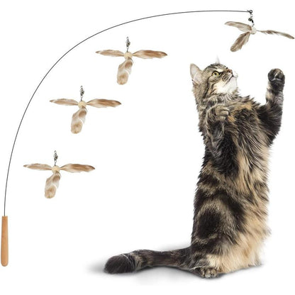 Cat Wand Toy, 35.5 Inch Cat Feather Propeller Toy with Bell, Steel Wire Cat Toy for Indoor Cats with Natural Feather