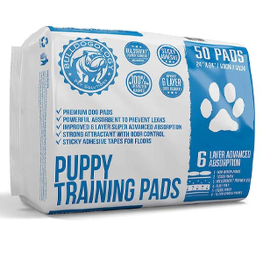 Bulldogology Puppy Pee Pads with Adhesive Sticky Tape (24X24) Large Premium Dog Pads - 6 Layer Dog Training Pads and Pet Wee Pads with Bullsorbent Tech (50-Count, White)